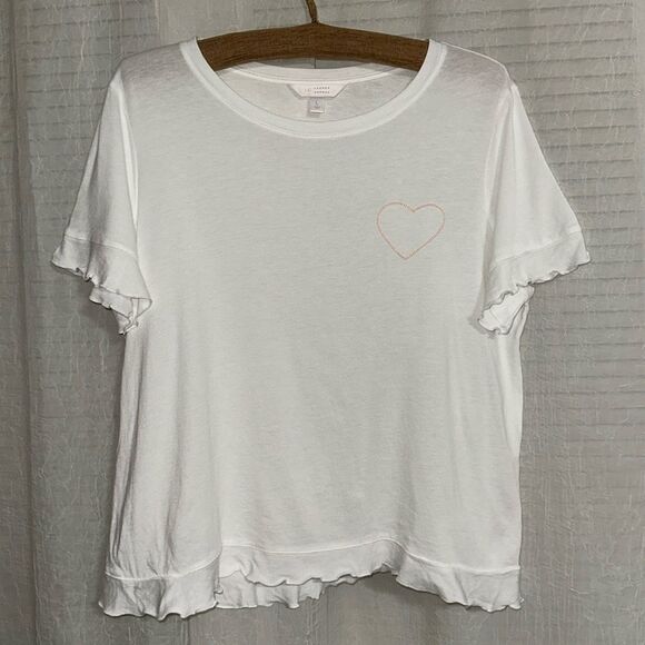 LC L Boxy Fit Crew Short Sleeve Ruffle Trim Crop Top - Picture 1 of 10